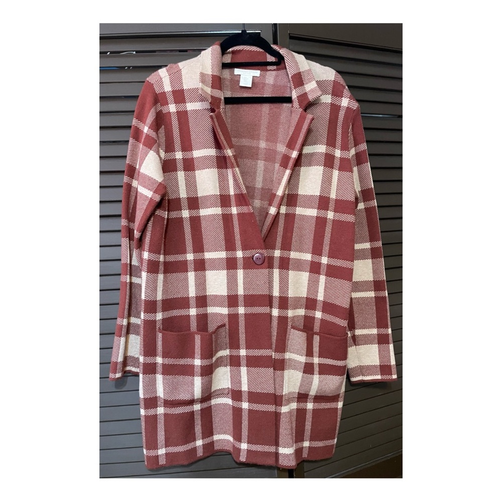Christian Siriano Burgundy and Cream Plaid Blazer